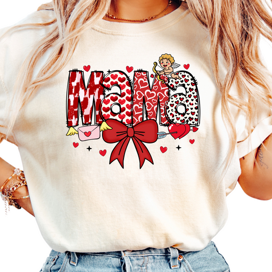 Mama Valentine’s Day T-Shirt - Heart and Cupid Graphic Tee for Moms - Trendy Bow Design Shirt - Cute Motherhood Gift for Women