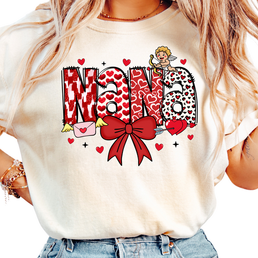 Nana Valentine’s Day T-Shirt - Heart and Cupid Graphic Tee for Grandmothers - Cute Red Bow Design Shirt - Fun Gift for Nana