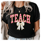 Teacher T-Shirt with Coquette Pink Leopard and Heart Design - Cute Bow Graphic Tee for Teachers - Trendy Valentine’s Day Gift for Educators