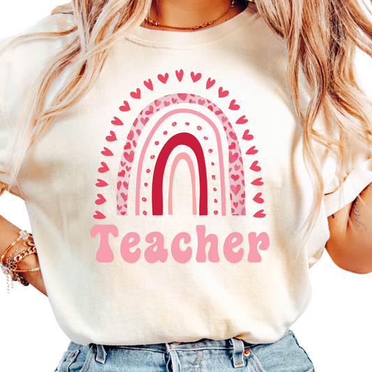 Teacher Rainbow T-Shirt - Cute Heart Pattern Valentine’s Day Graphic Tee - Trendy and Colorful Classroom Shirt - Fun Gift for Teachers