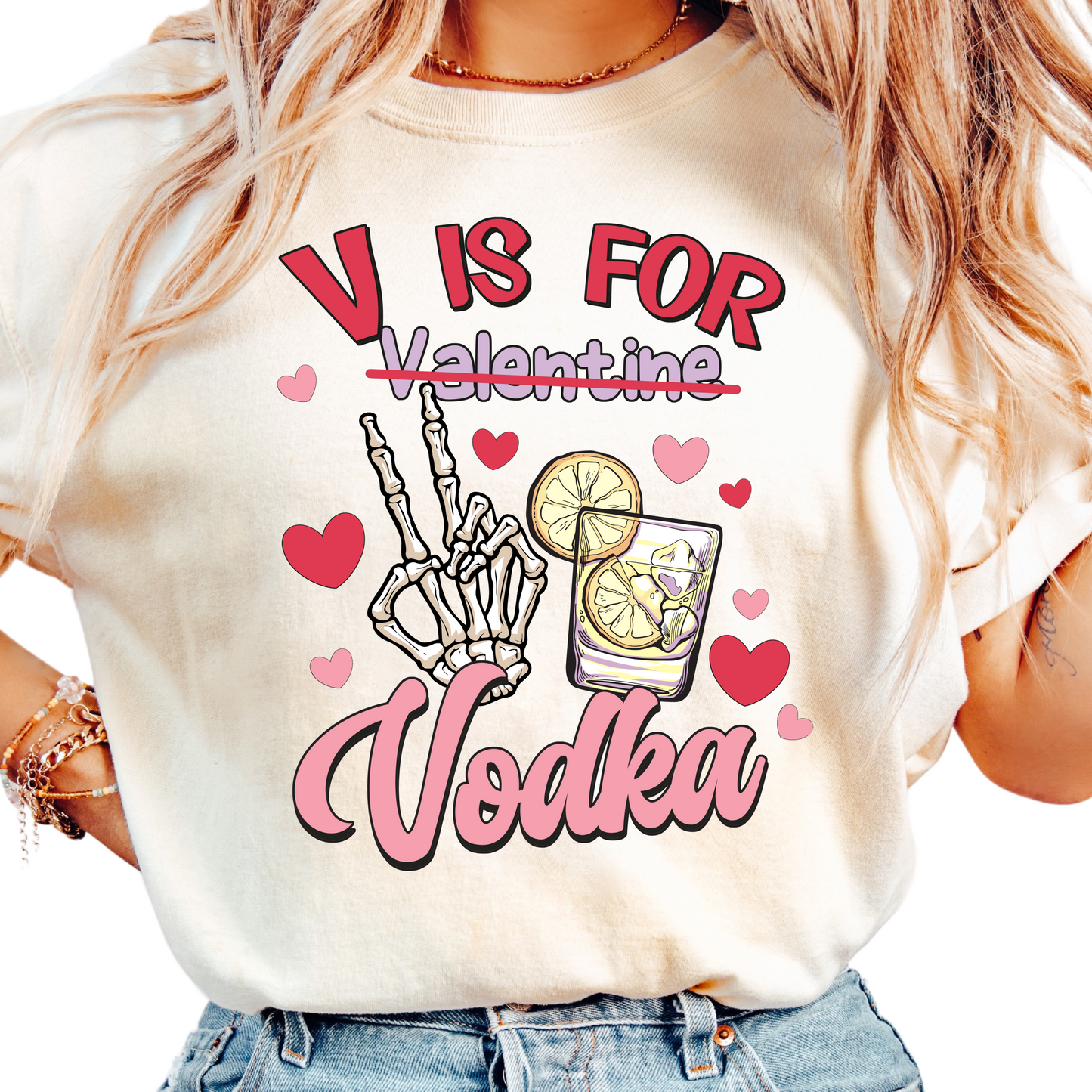 V is for Vodka T-Shirt - Funny Valentine’s Day Drinking Graphic Tee - Cute and Sassy Cocktail Lover Shirt - Trendy Gift for Her - Galentines