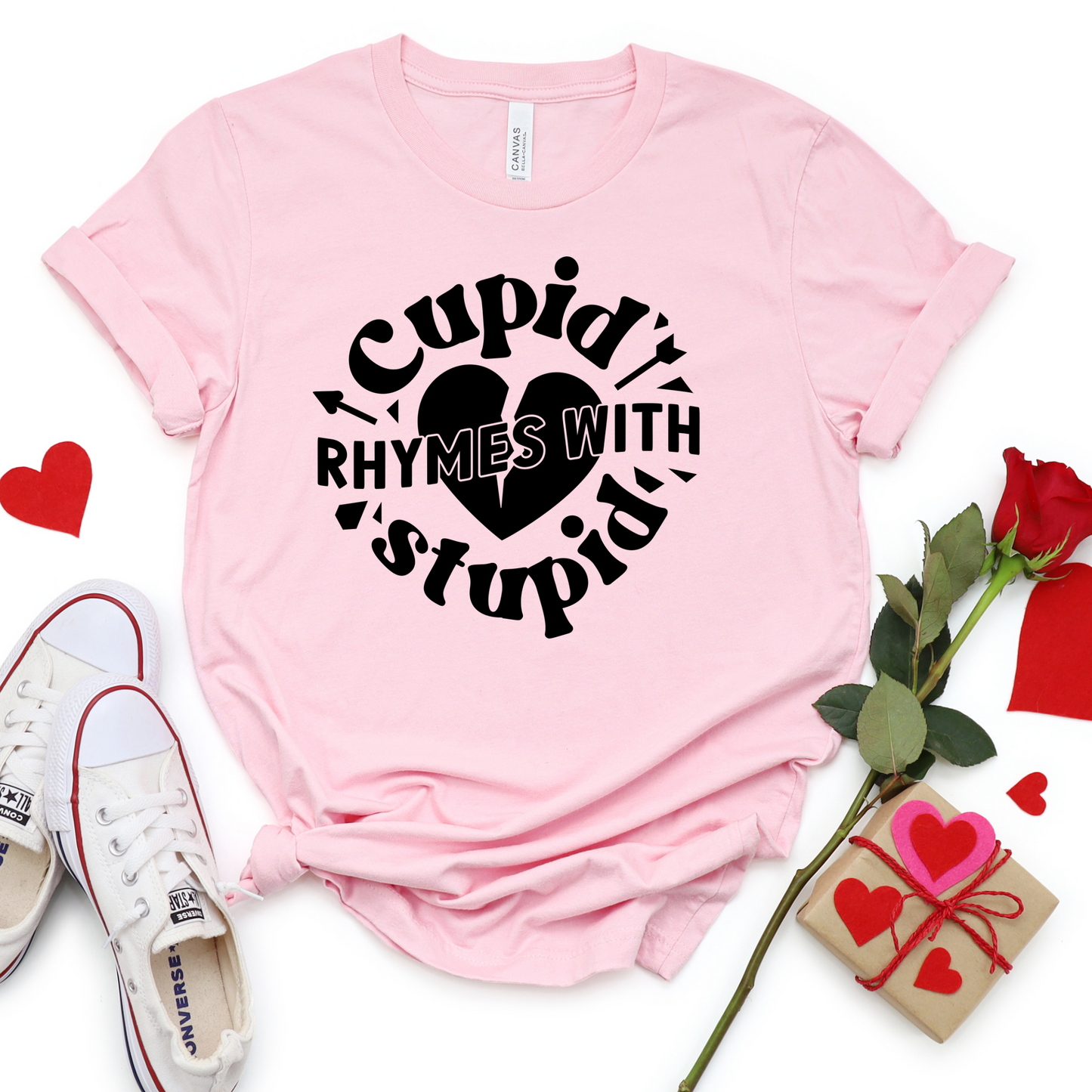 Cupid Rhymes With Stupid T-Shirt or Sweatshirt - Funny Anti-Valentine Shirt - Pink Tee for Singles - Sassy Valentine’s Day Outfit Idea