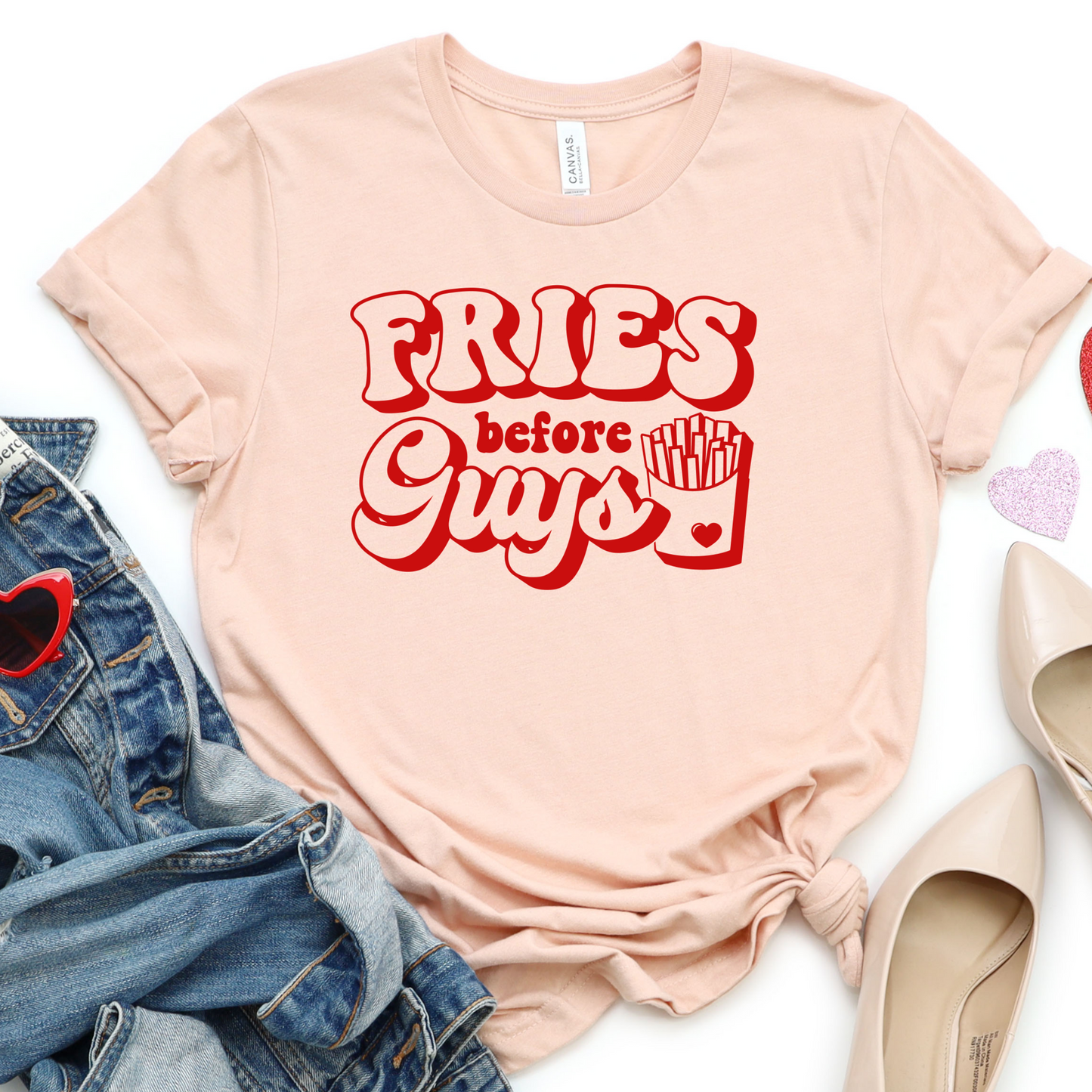 Fries Before Guys Shirt - Funny Valentine's Day Graphic Tee - Single Valentines Humor T-Shirt - Cute Anti-Valentine Gift for Her