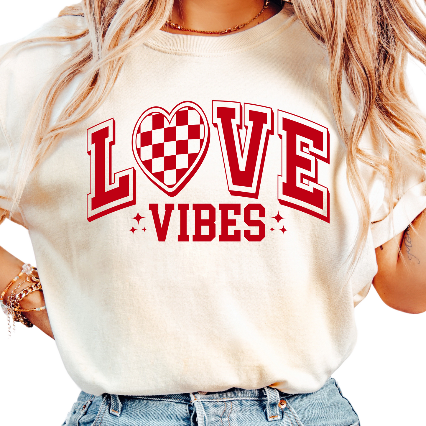 Love Vibes T-Shirt - Retro Valentine's Day Graphic Tee - Checkerboard Heart Shirt - Cute Romantic Outfit - Gift for Her or Him