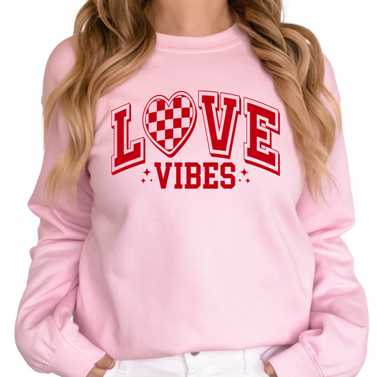 Love Vibes T-Shirt - Retro Valentine's Day Graphic Tee - Checkerboard Heart Shirt - Cute Romantic Outfit - Gift for Her or Him