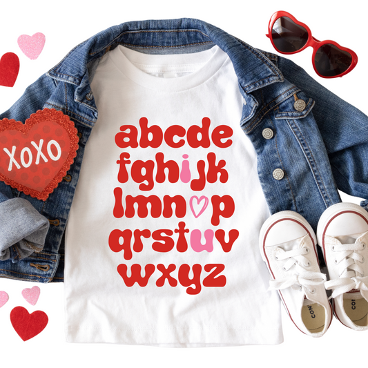 Alphabet Valentine's Shirt - Baby, Toddler, Youth Sizes - Cute Heart-Inspired ABC Tee - Holiday Gift for Kids - Retro Valentine's Day Shirt