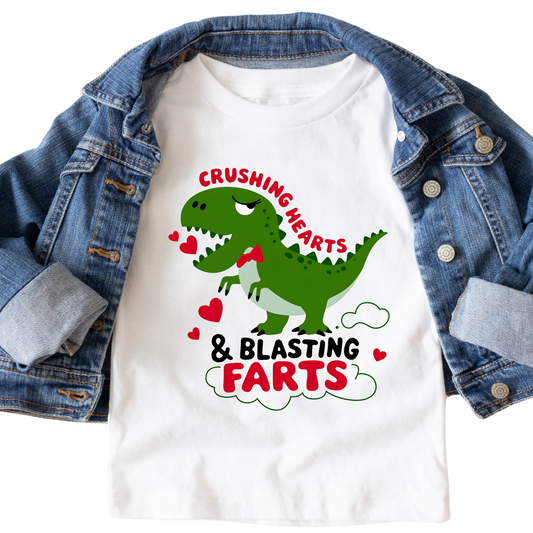 Crushing Hearts & Blasting Farts Shirt - Baby, Toddler, Youth Sizes - Funny Valentine's Dinosaur Tee for Kids - Cute Holiday Outfit