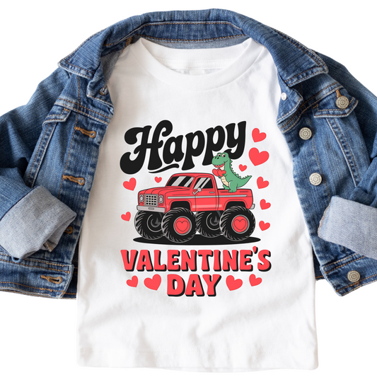 Happy Valentine's Day Shirt - Baby, Toddler, Youth Sizes - Cute Monster Truck Valentine's Tee for Kids - Fun Dino Graphic Holiday Outfit