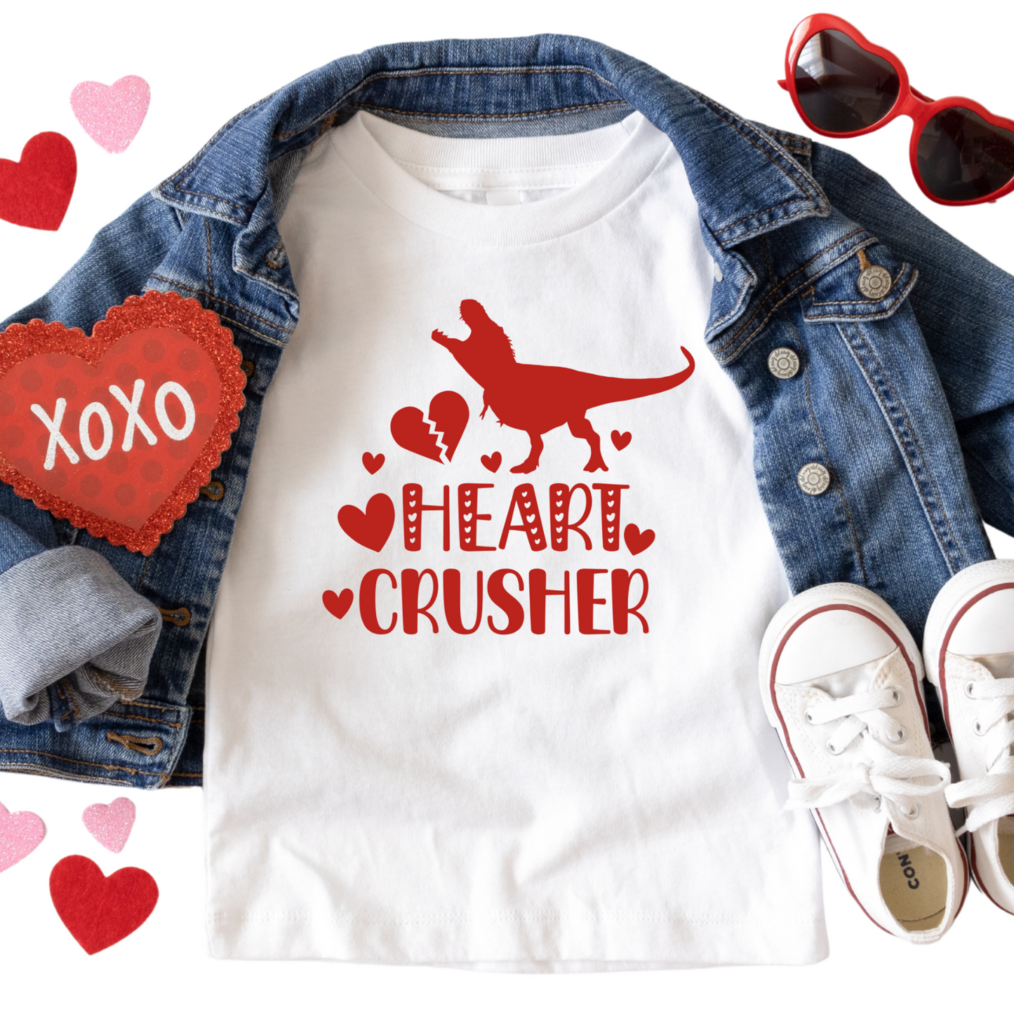 Heart Crusher Dinosaur Shirt - Baby, Toddler, Youth Sizes - Funny Valentine's Day Tee for Kids - T-Rex Heart Graphic Holiday Outfit