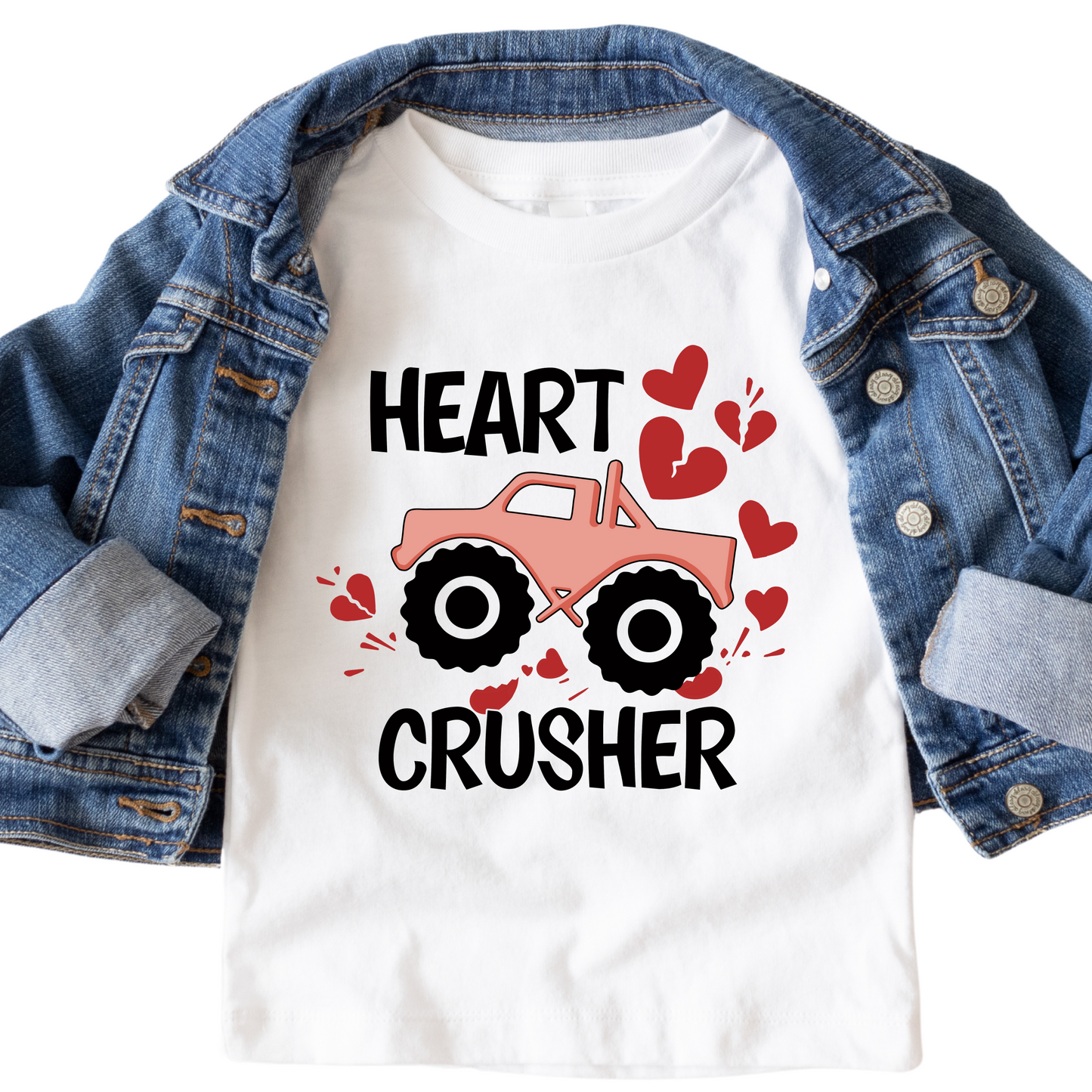 Heart Crusher Monster Truck Shirt - Baby, Toddler, Youth Sizes - Funny Valentine's Day Tee for Kids - Cute Truck Graphic Holiday Outfit