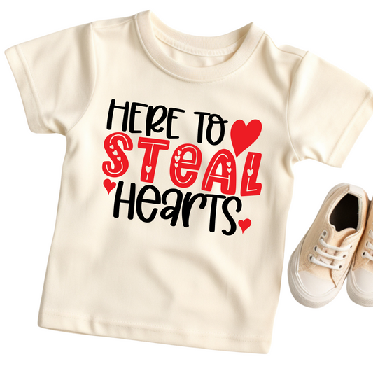 Here to Steal Hearts Shirt - Baby, Toddler, Youth Sizes - Cute Valentine's Day Outfit for Kids - Heart Graphic Tee for Boys and Girls