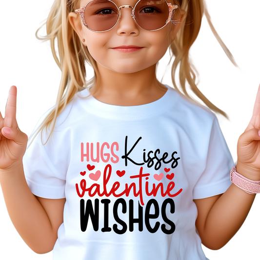 Hugs Kisses Valentine Wishes Shirt - Baby, Toddler, Youth Sizes - Cute Valentine's Day Tee for Kids - Fun Heart Graphic Holiday Outfit