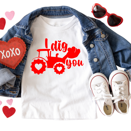 I Dig You Tractor Valentine's Day Shirt - Baby, Toddler, Youth Sizes - Cute Kids Valentine Outfit - Red Tractor with Hearts Graphic Tee