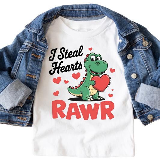 I Steal Hearts Dinosaur Shirt - Baby, Toddler, Youth Sizes - Cute Valentine’s Day Dino Tee for Kids - Funny RAWR T-Rex Graphic Top