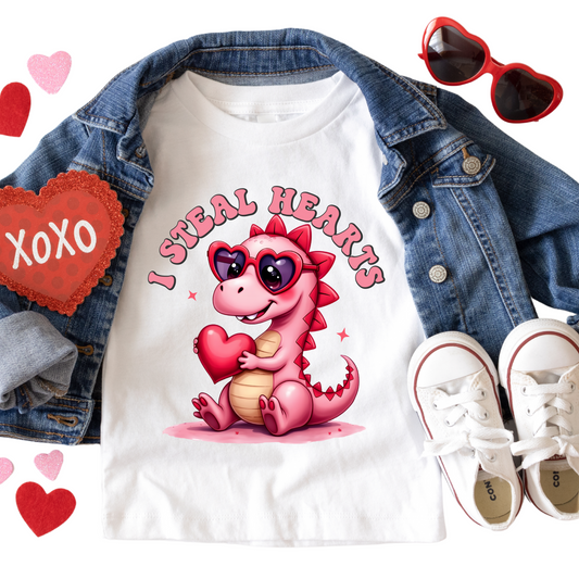 I Steal Hearts Pink Dinosaur Shirt - Baby, Toddler, Youth Sizes - Cute Valentine’s Day Dino Tee for Kids - Adorable Heart-Loving Dino Top