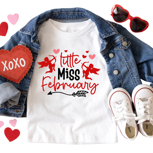 Little Miss February Shirt - Baby, Toddler, Youth Sizes - Valentine Cupid Graphic Tee - Cute February Birthday or Holiday Outfit