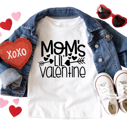 Mom's Lil Valentine Shirt for Baby, Toddler, and Youth Sizes - Cute Valentine's Day Outfit for Kids - Heart Arrow Graphic Tee