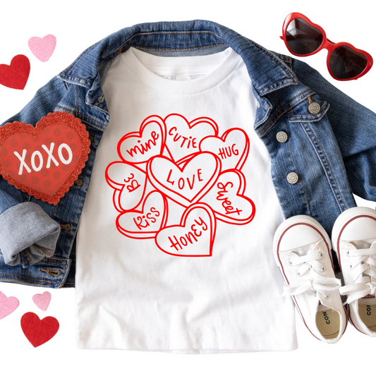 Valentine’s Candy Hearts Shirt - Baby, Toddler, Youth Sizes - Cute Love Heart Tee for Kids - Sweet Valentine’s Day Outfit