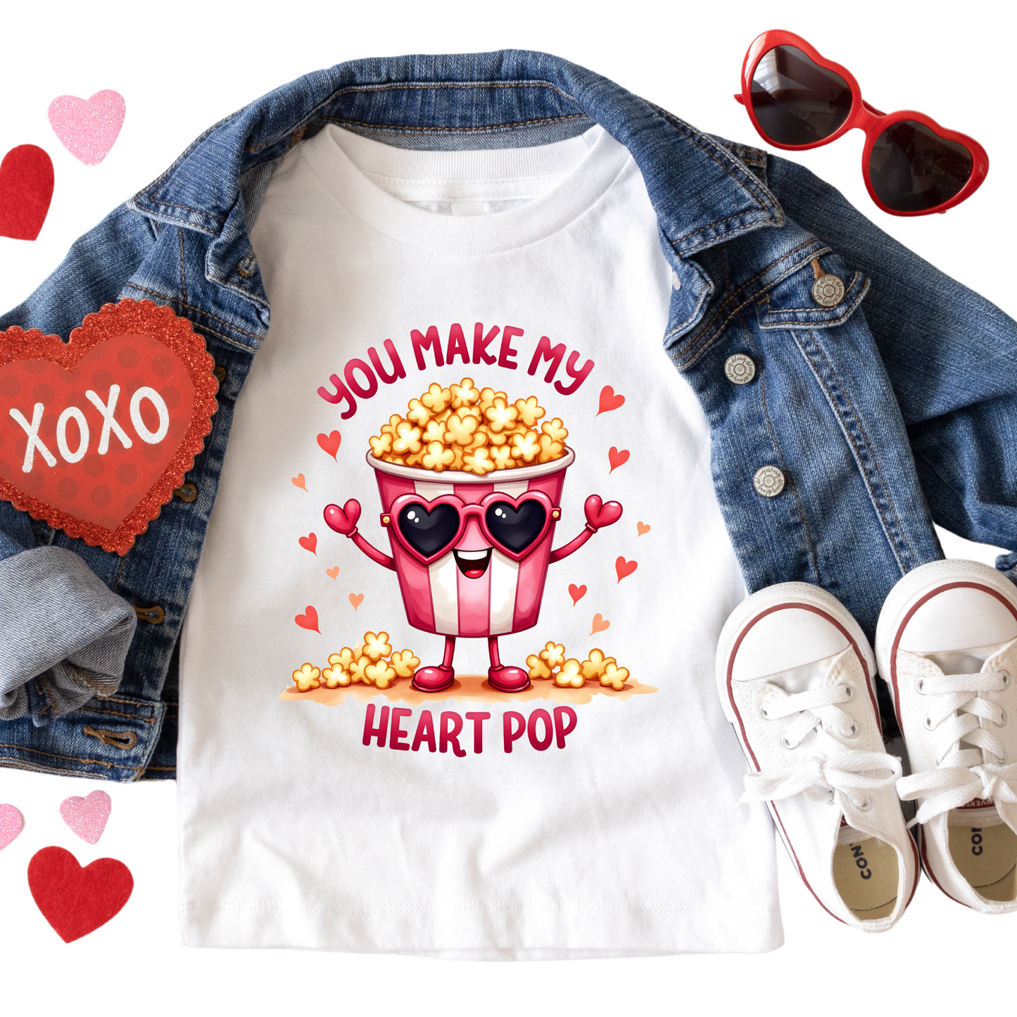 You Make My Heart Pop Shirt - Cute Valentine’s Day Popcorn Tee for Kids Baby, Toddler, and Youth Sizes - Fun Heart Graphic Shirt