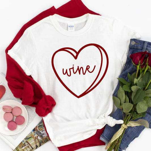 Wine Candy Heart Shirt - Cute Valentine’s Day T-Shirt for Wine Lovers - Red Heart Graphic Tee - Funny Wine Drinking Shirt for Women