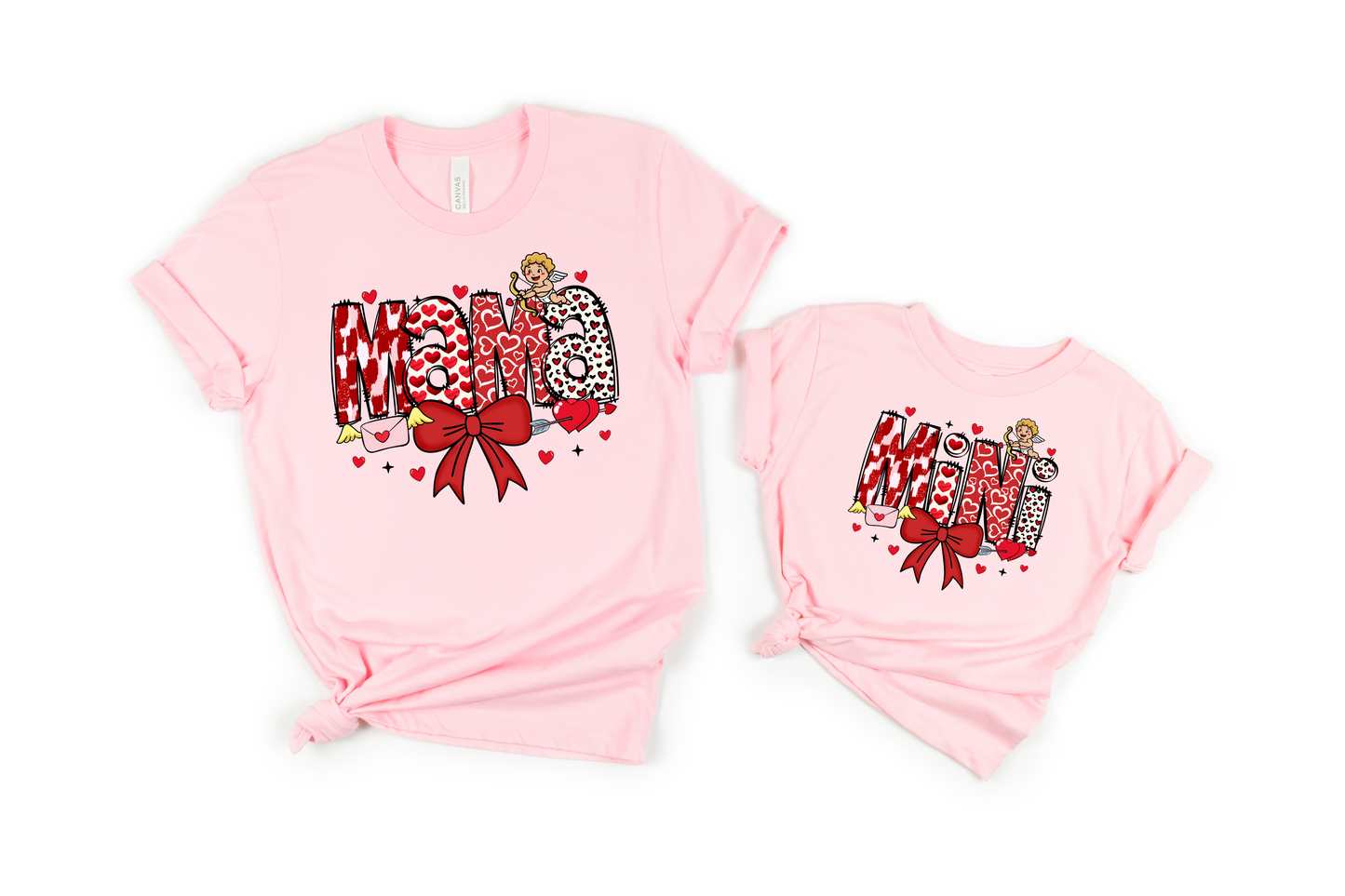 Matching Mama and Mini Valentine's Shirt Set - Cupid Heart Bow Design - Mommy and Me Pink Tees - Cute Mother Daughter Valentine Gift