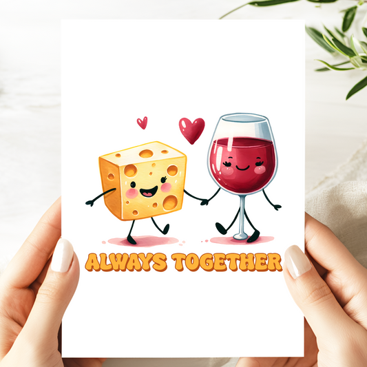 Always Together Wine and Cheese Greeting Card - Cute Food Couple Pun Card - Valentine’s Day or Anniversary Card - Funny Love Card