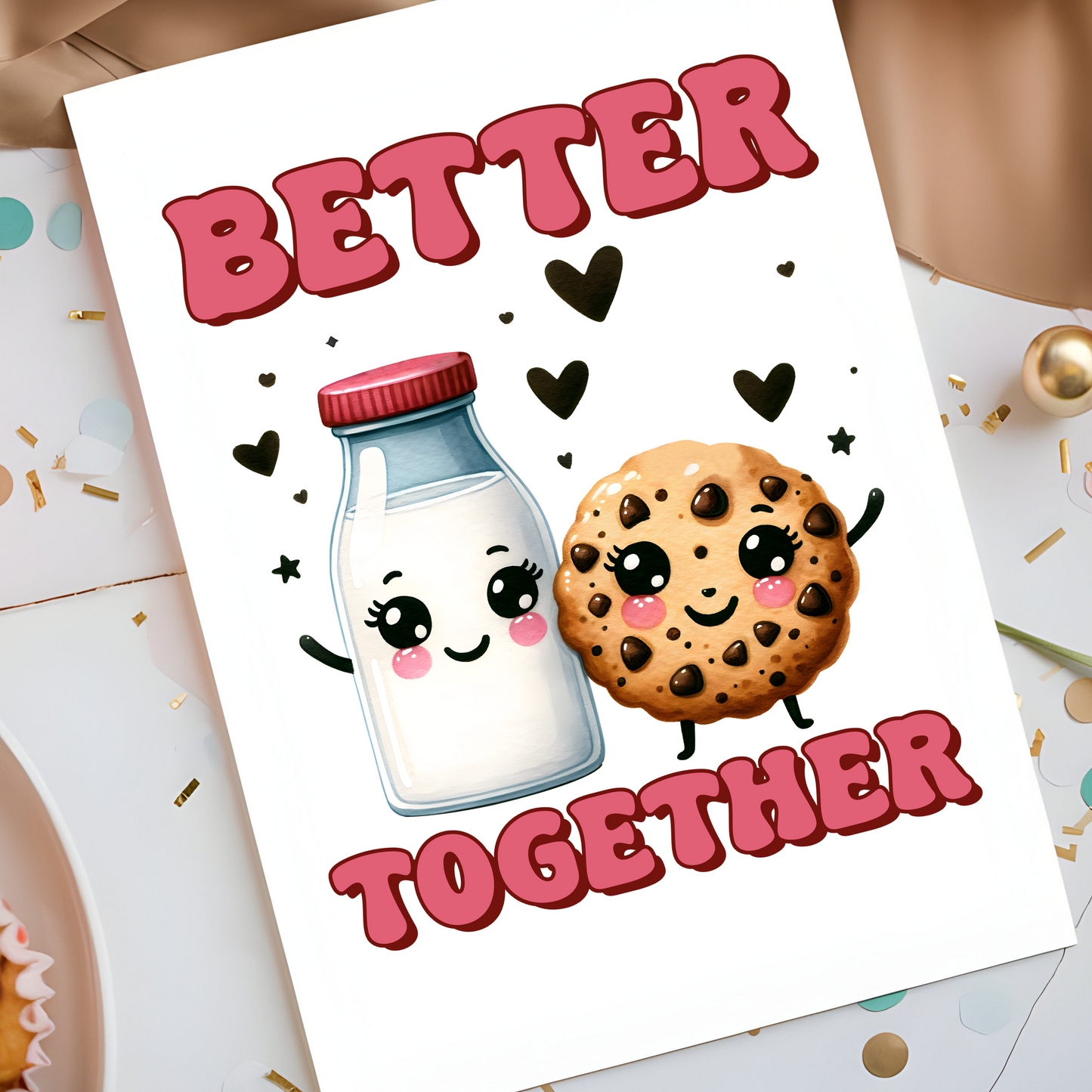 Better Together Milk and Cookie Greeting Card - Cute Couples Romantic Valentine's Day Card - Foodie Love Card for Him or Her