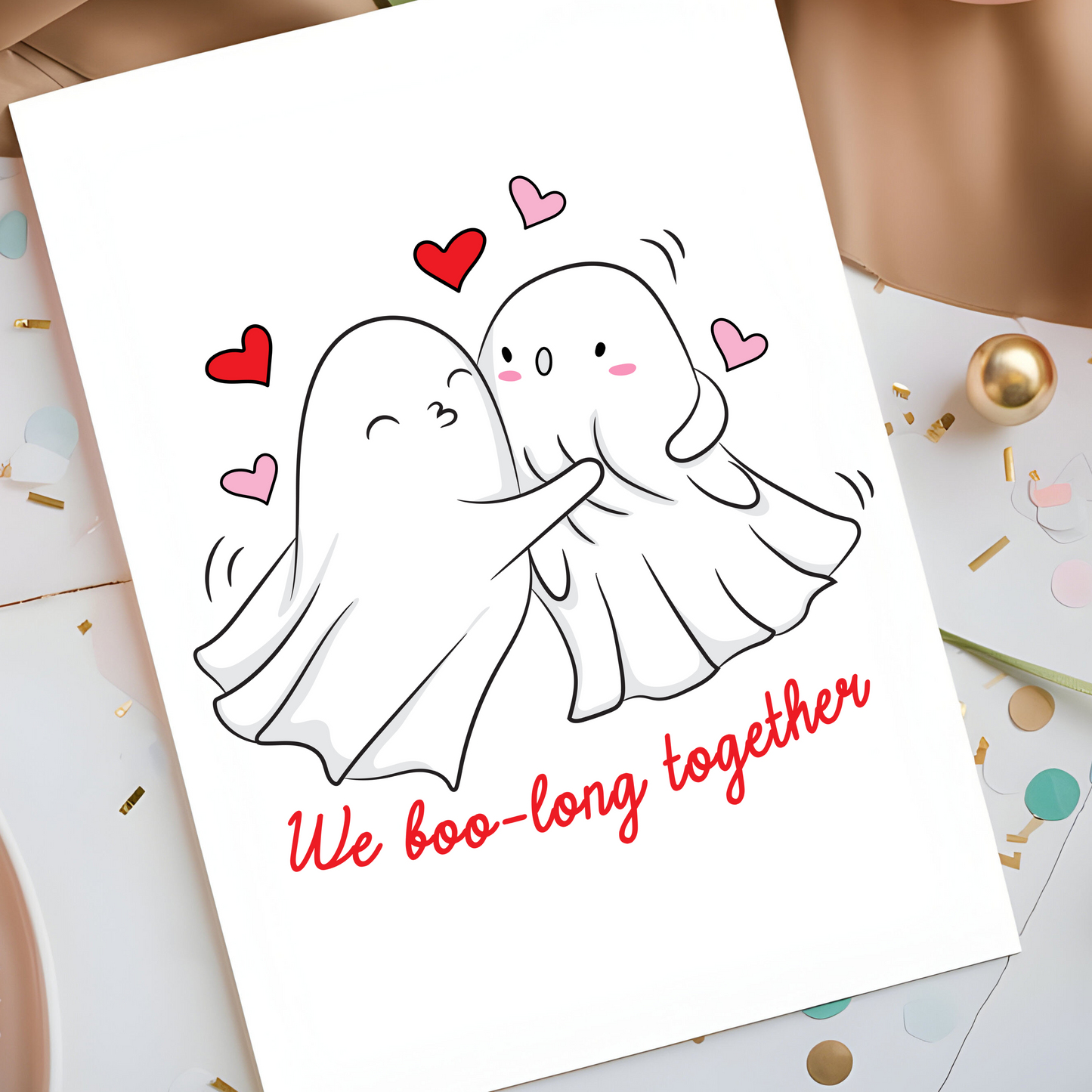 We Boo-Long Together Ghost Greeting Card - Cute Halloween Love Card - Romantic Spooky Valentine or Anniversary Card for Couples