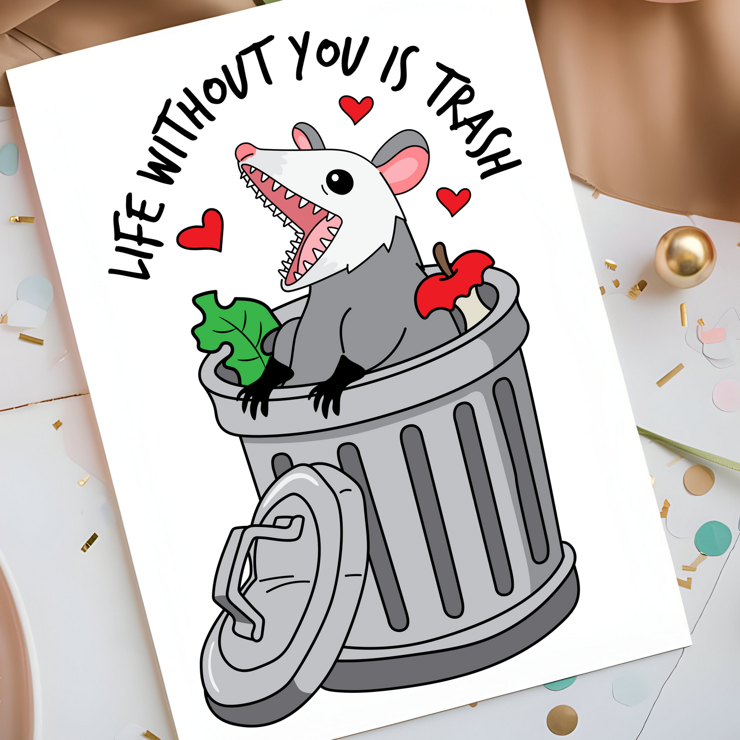 Life Without You is Trash Card - Funny Possum Valentine’s Day Card - Romantic Trash Panda Greeting Card for Anniversary or Love - couples