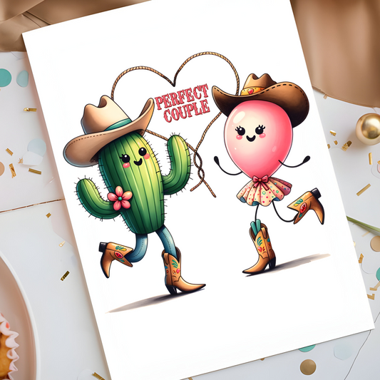 Perfect Couple Cactus and Balloon Card - Funny Cowboy-Themed Love Greeting - Cute Western Valentine’s or Anniversary Card - Blank Inside