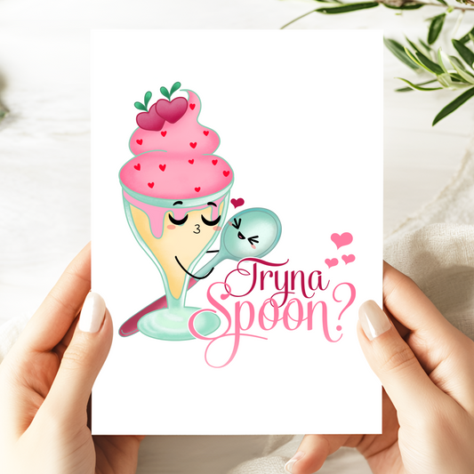 Tryna Spoon? Card - Cute Ice Cream Pun Greeting Card - Romantic Love Card for Him or Her - Sweet Valentine's Day Card for Couples