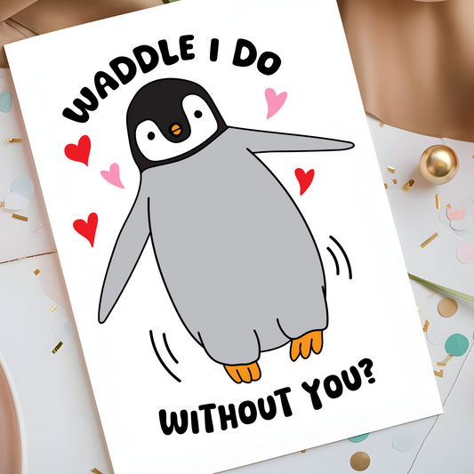 Waddle I Do Without You Card - Cute Penguin Pun Greeting Card - Funny Romantic Love Card - Adorable Valentine's Day or Anniversary Card