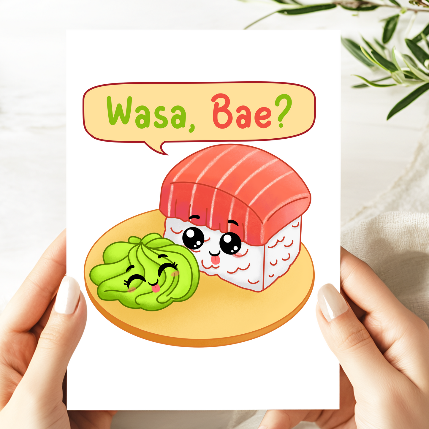 Wasa, Bae? Sushi Pun Card - Cute Romantic Greeting Card - Funny Wasabi & Sushi Love Card - Perfect for Valentine's Day or Anniversaries