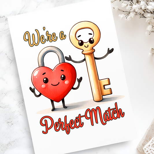 We're a Perfect Match Card - Heart Lock and Key Romantic Greeting - Cute Valentine's Day Card - Love Anniversary Pun Card