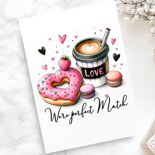 We're Perfect Match Card - Coffee and Donut Love Greeting - Cute Valentine's Day Card - Romantic Pun Anniversary Card for Couples