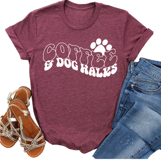 Coffee and Dog Walks T-Shirt - Funny Dog Lover Graphic Tee - Casual Pet Mom Shirt - Trendy Dog Walking Apparel - Gift for Dog Moms