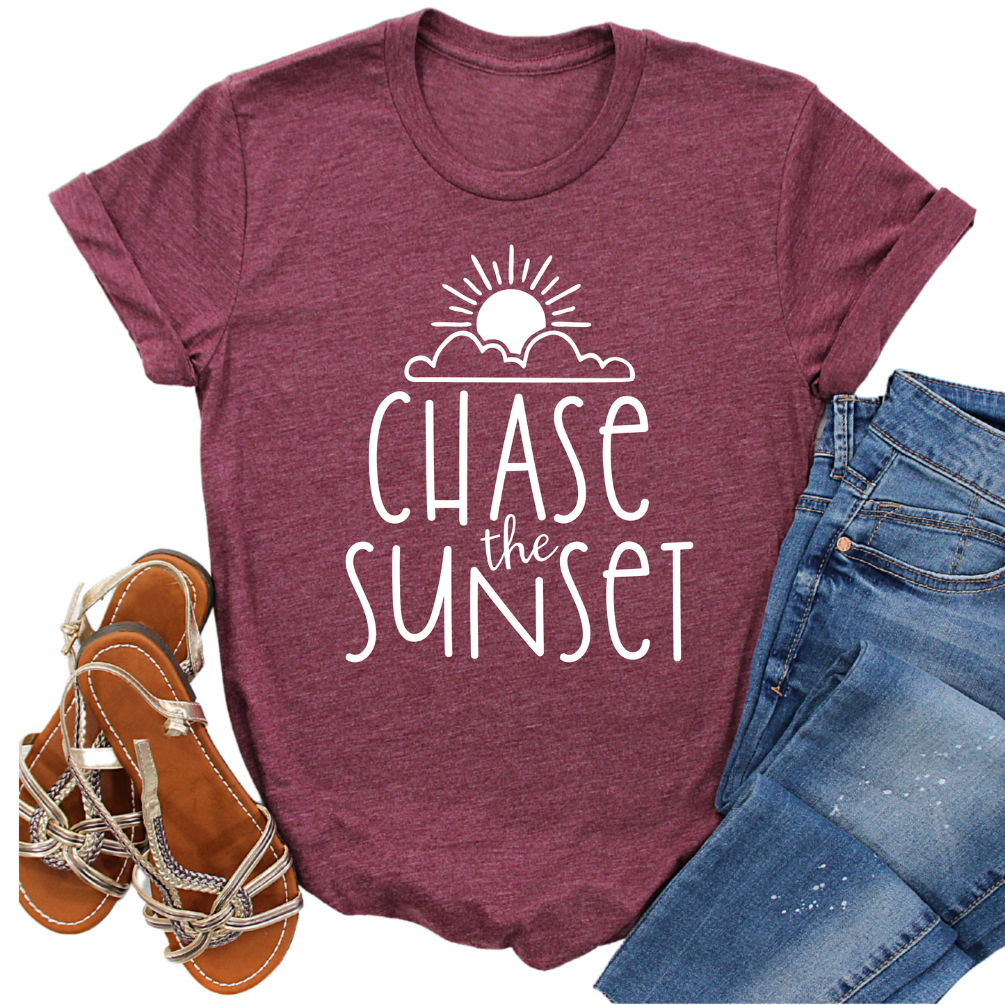 Chase the Sunset Womans T-Shirt - Inspirational Adventure Tee - Cute Graphic Shirt for Travel Lovers - Trendy Sunset Lover Gift