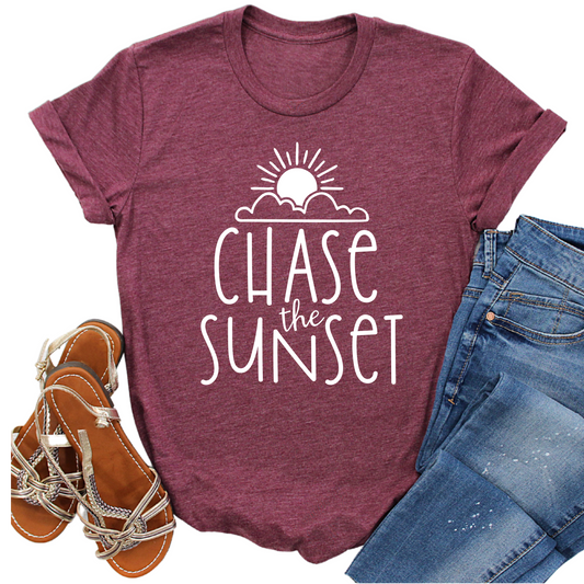 Chase the Sunset Womans T-Shirt - Inspirational Adventure Tee - Cute Graphic Shirt for Travel Lovers - Trendy Sunset Lover Gift