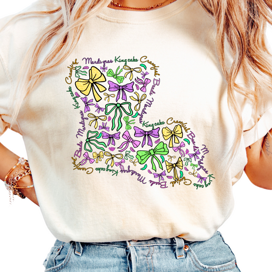 Louisiana Mardi Gras Shirt for Women - Coquette Bow and State Map Design - Carnival Parade Outfit - Purple Green Gold Tee - NOLA Shirt
