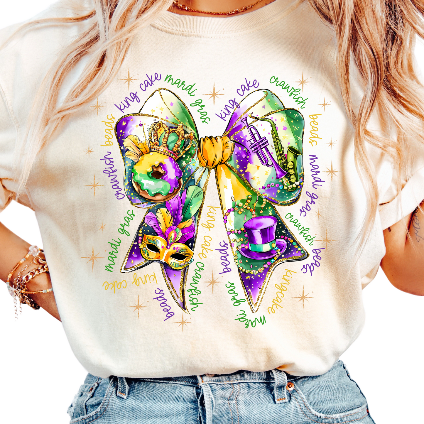 Watercolor Mardi Gras Bow Shirt for Women - Watercolor Festive Tee with Mask Beads and King Cake - Louisiana Carnival Parade Outfit
