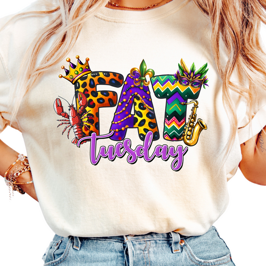 Fat Tuesday Mardi Gras Shirt - NOLA Carnival Tee with Crawfish, Saxophone, Mask, and Leopard Print - Louisiana Parade Outfit