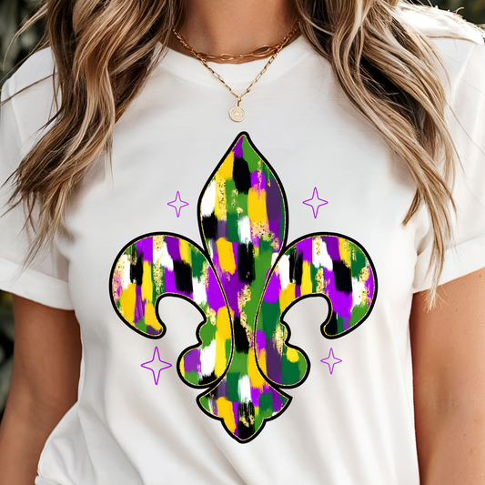 Mardi Gras Fleur-de-Lis Shirt for Women - Brushstroke Design - Carnival Celebration Tee - Louisiana Party Outfit - Festive Parade Top - NOLA