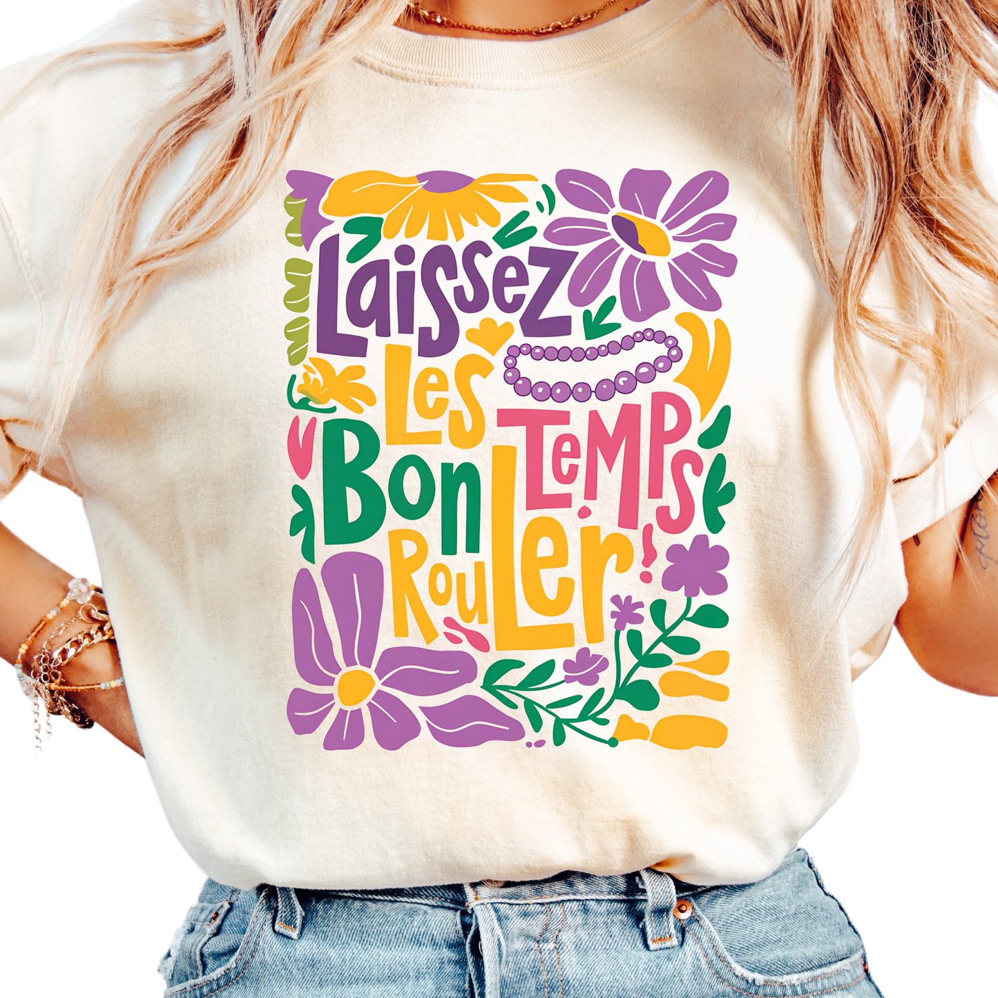 Laissez Les Temps Bon Rouler Shirt for Women - Mardi Gras Floral Graphic Tee - Louisiana Fat Tuesday Shirt - New Orleans Parade Outfit