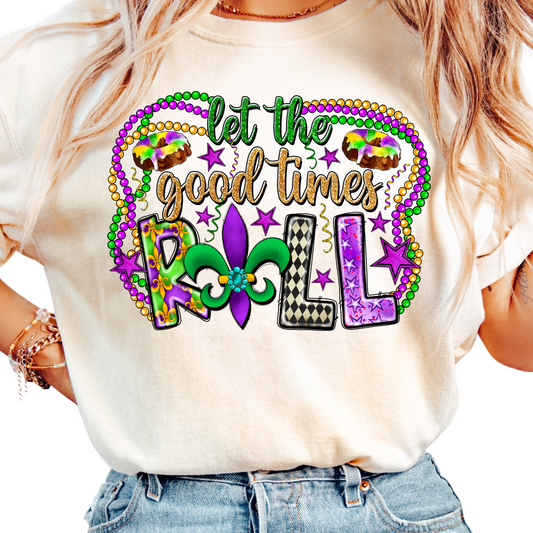 Womans Mardi Gras Shirt - Let the Good Times Roll Shirt - Louisiana Celebration T-Shirt - Fleur-de-Lis Beads King Cake Shirt - NOLA Trip