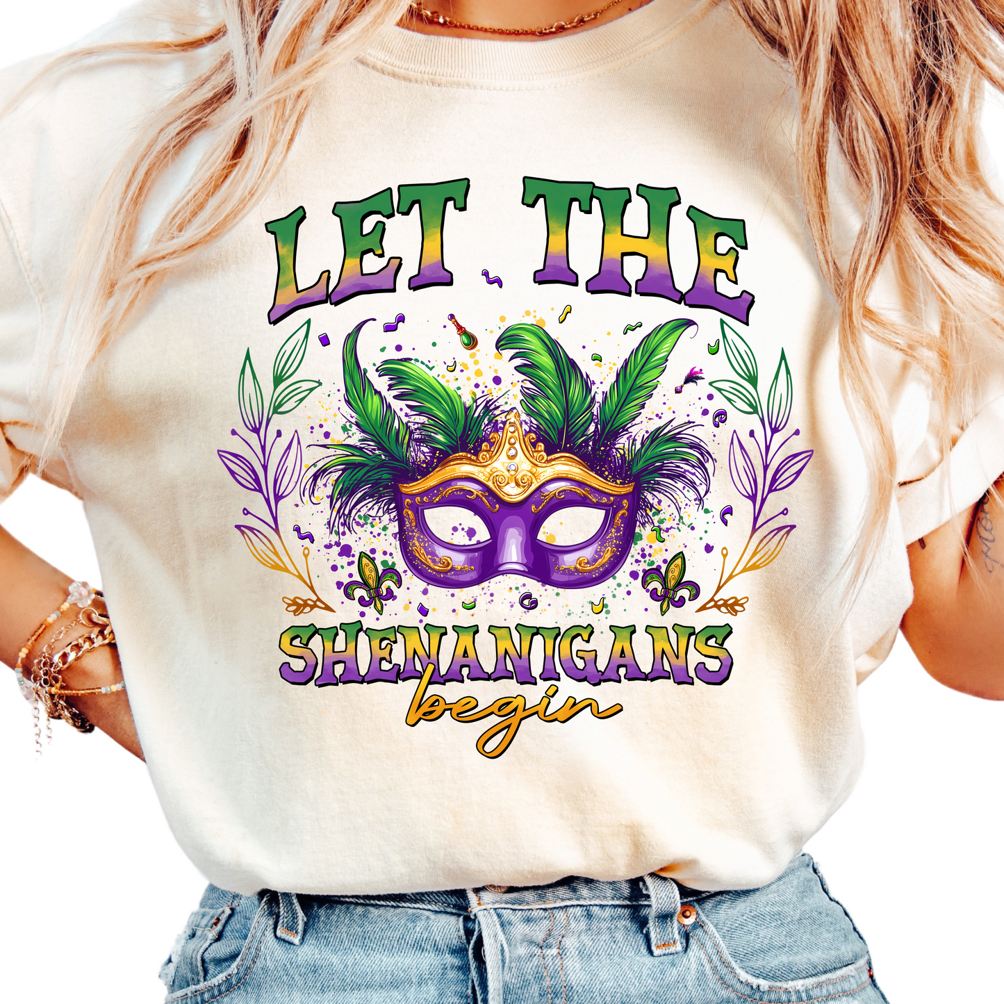 Let the Shenanigans Begin Womans Mardi Gras Shirt  - Carnival Mask Graphic Tee - Festive Party Shirt - Louisiana Parade Top - NOLA TRIP