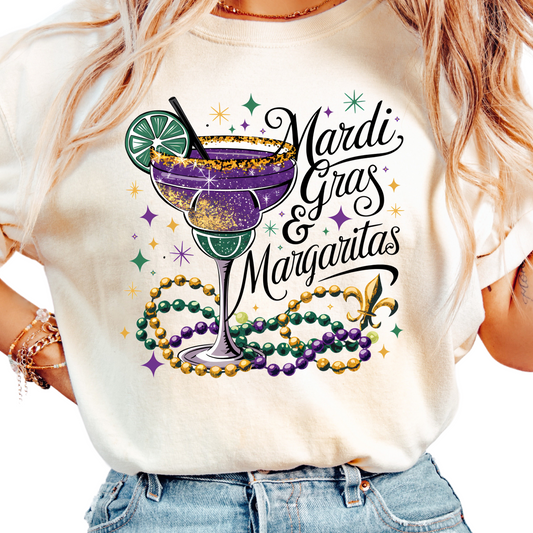 Mardi Gras and Margaritas T-Shirt for Women - Fun Carnival Party Graphic Tee - Louisiana Parade Shirt - Womans Beads Drinks Celebration Top