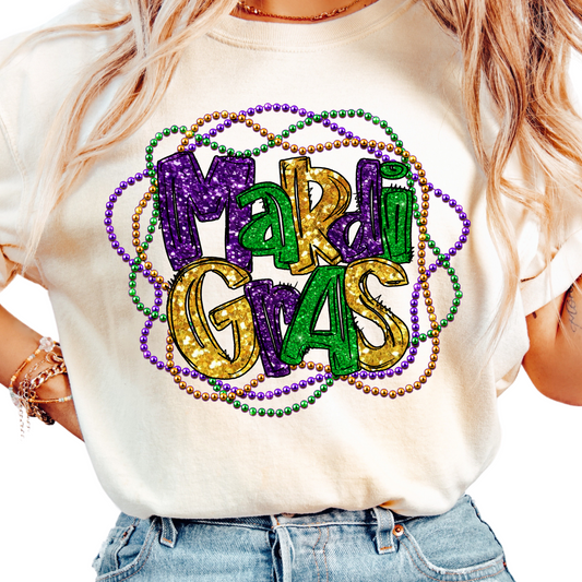 Mardi Gras Glitter Beads T-Shirt for Women - Sparkly Parade Shirt - Carnival Party Tee - Fun Louisiana Celebration Top - Bead Graphic Tee