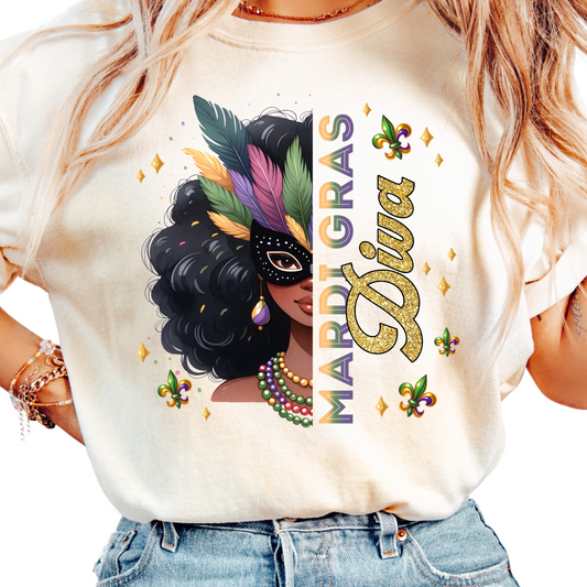 Mardi Gras Diva T-Shirt - African American Mardi Gras Mask Design - Festive New Orleans Carnival Tee - Parade Celebration Shirt