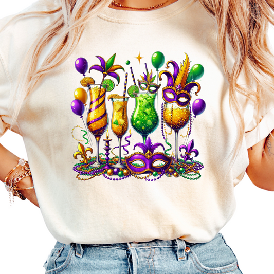 Womans Mardi Gras Cocktail T-Shirt - New Orleans Party Tee - Colorful Masks and Drinks Design - Carnival Celebration Shirt - NOLA TRIP