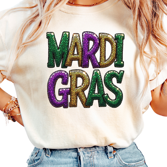 Womans Mardi Gras Faux Glitter T-Shirt - Sequin-Look Design - Colorful Carnival Tee for Fat Tuesday - New Orleans Parade Shirt - NOLA TOP